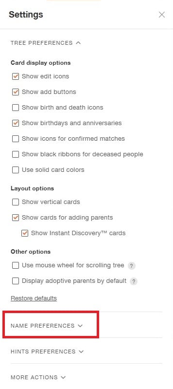 The family tree settings menu