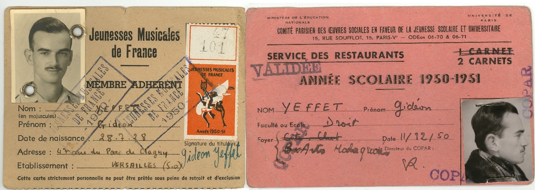 Gideon Japhet's student cards from Versailles