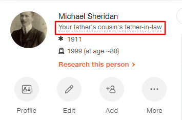 Profile panel on MyHeritage family tree with relationship highlighted